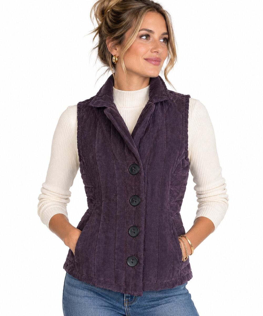 Habitat Quilted Button Front Sleeveless Vest Purple Boho Artsy Art to Wear Sz S